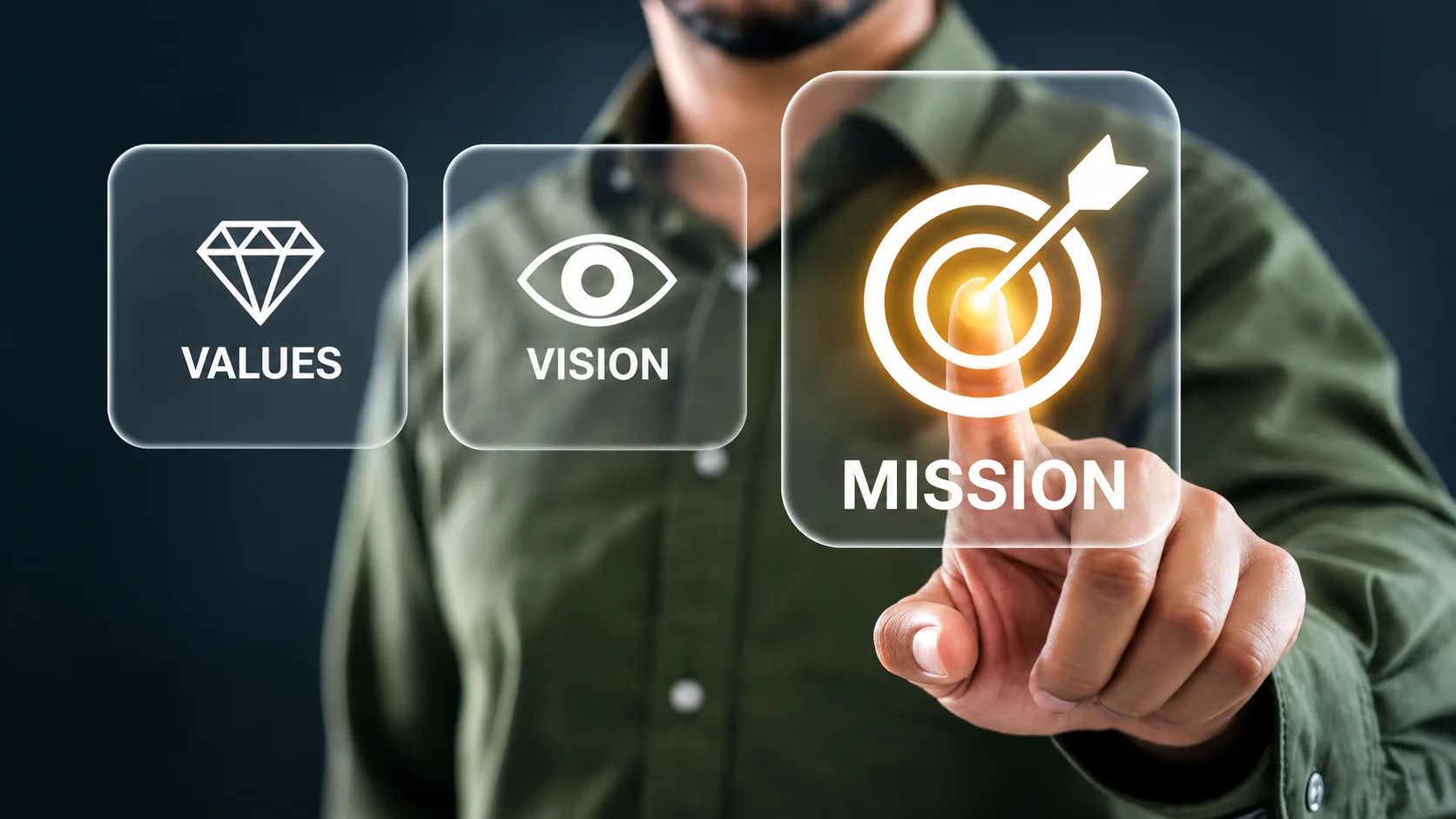 A person touching a glass interface showing Values, Vision and Mission, with Mission selected