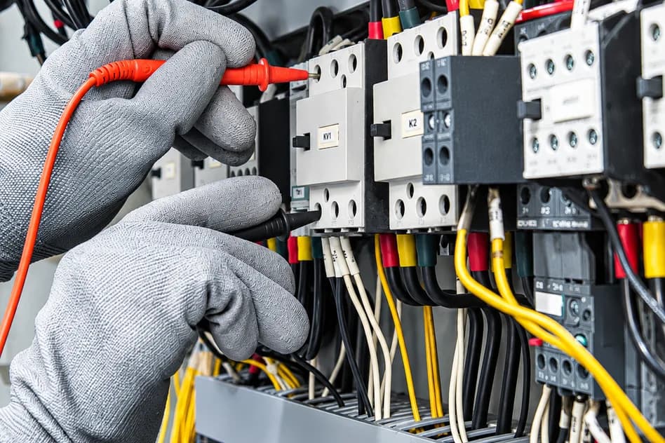 An electrician in a hard hat and harness wiring a distribution board fed by copper conduit runs