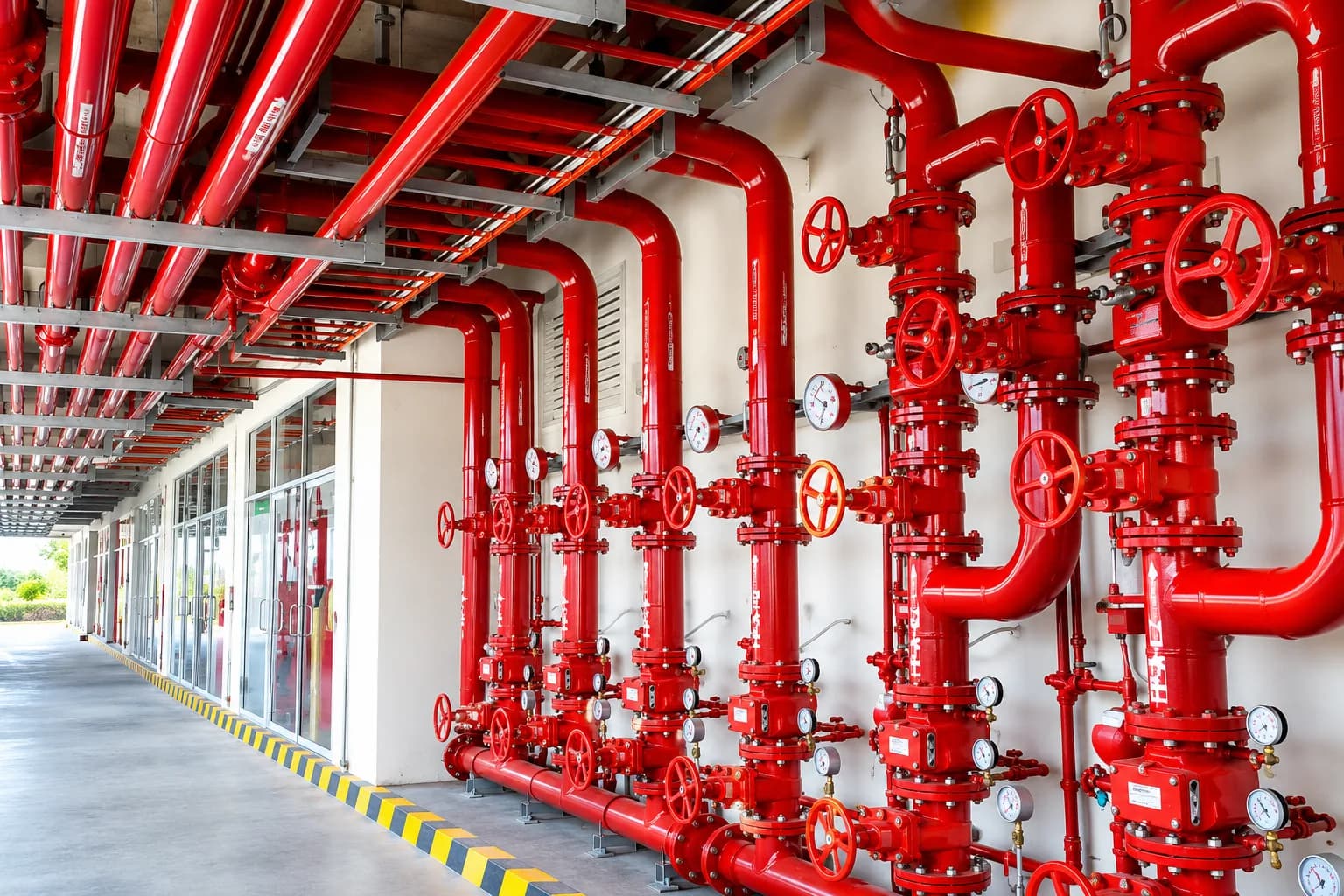Red fire-fighting risers with valves and pressure gauges along a building services wall
