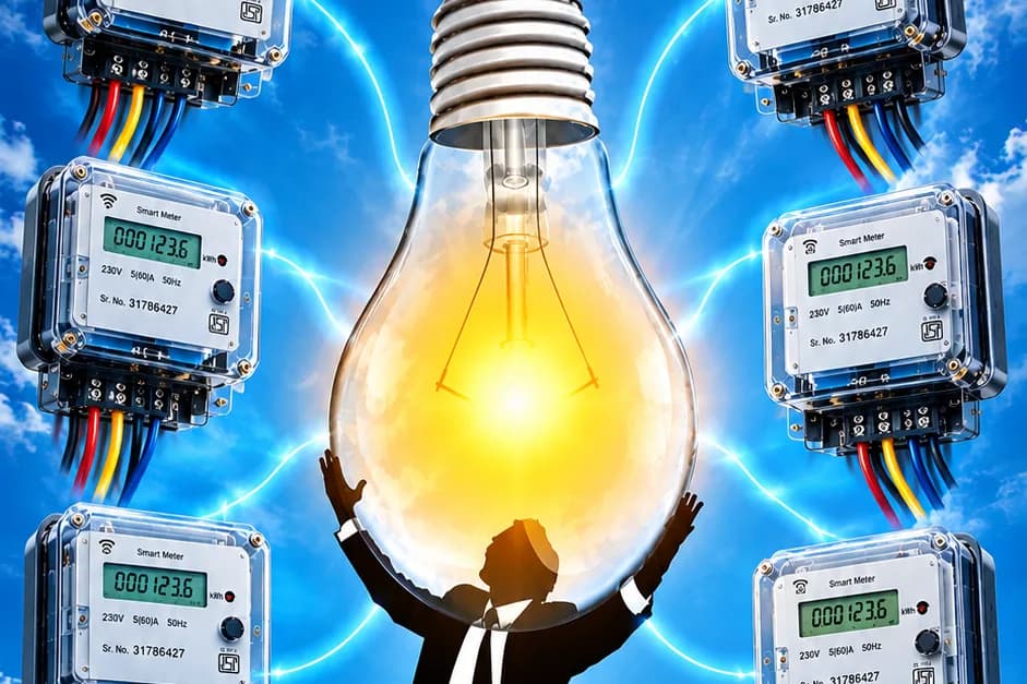 Electricity meters wired to a glowing light bulb held aloft against a blue sky